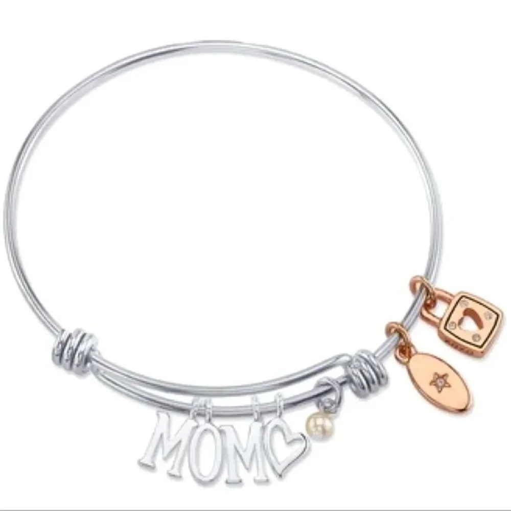 Mom Adjustable Bangle Bracelet Stainless Steel w/ Silver Plated Charms